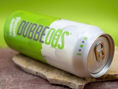 Detailansicht der liegenden DUBBEDOS Rieslingschorle-Dose auf Stein, die das frische und spritzige Design der Weißweinschorle unterstreicht.