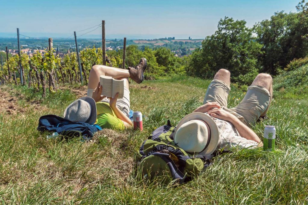Zwei Personen liegen entspannt in der Sonne auf einer Wiese am Weinberg, umgeben von Natur, mit Rucksäcken und DUBBEDOS-Dosen, während eine Person ein Buch liest.